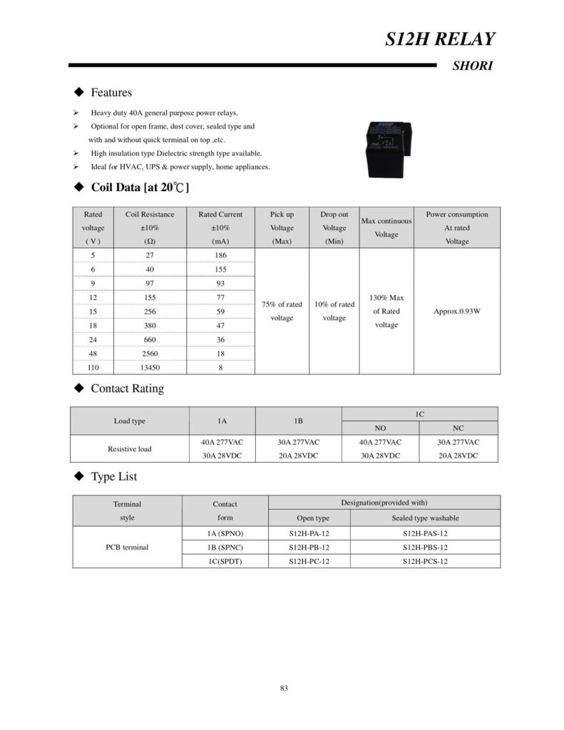 S12H PAS 12 12VDC Power Relay 40A 277VAC 4Pins