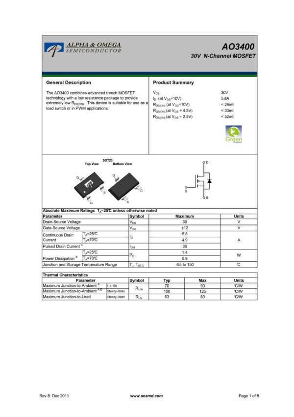 AO3400 34DG N CHANNEL MOSFET SOT-23 - Image 2