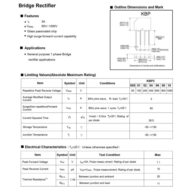 KBP310 1000V 3AMP BRIDGE RECTIFIER DIP