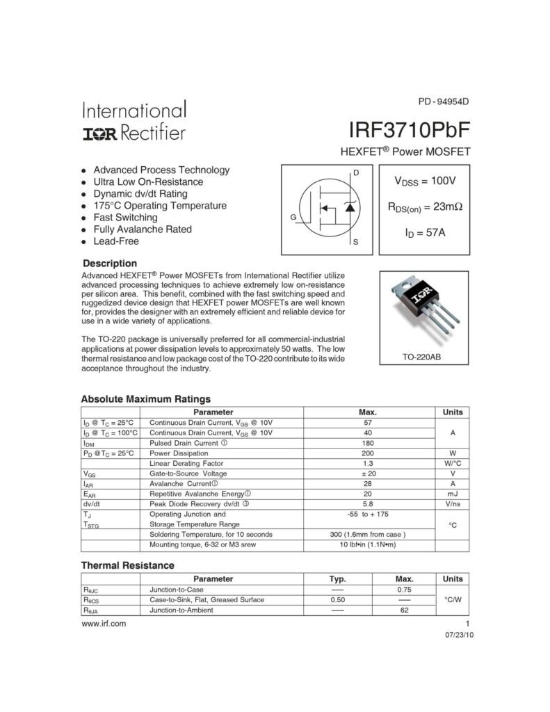 IRF 3710 100V 57A N CHANNEL  MOSFET TO-220