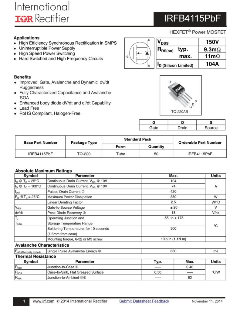 IRFB 4115 150V 104A N CHANNEL MOSFET TO-220