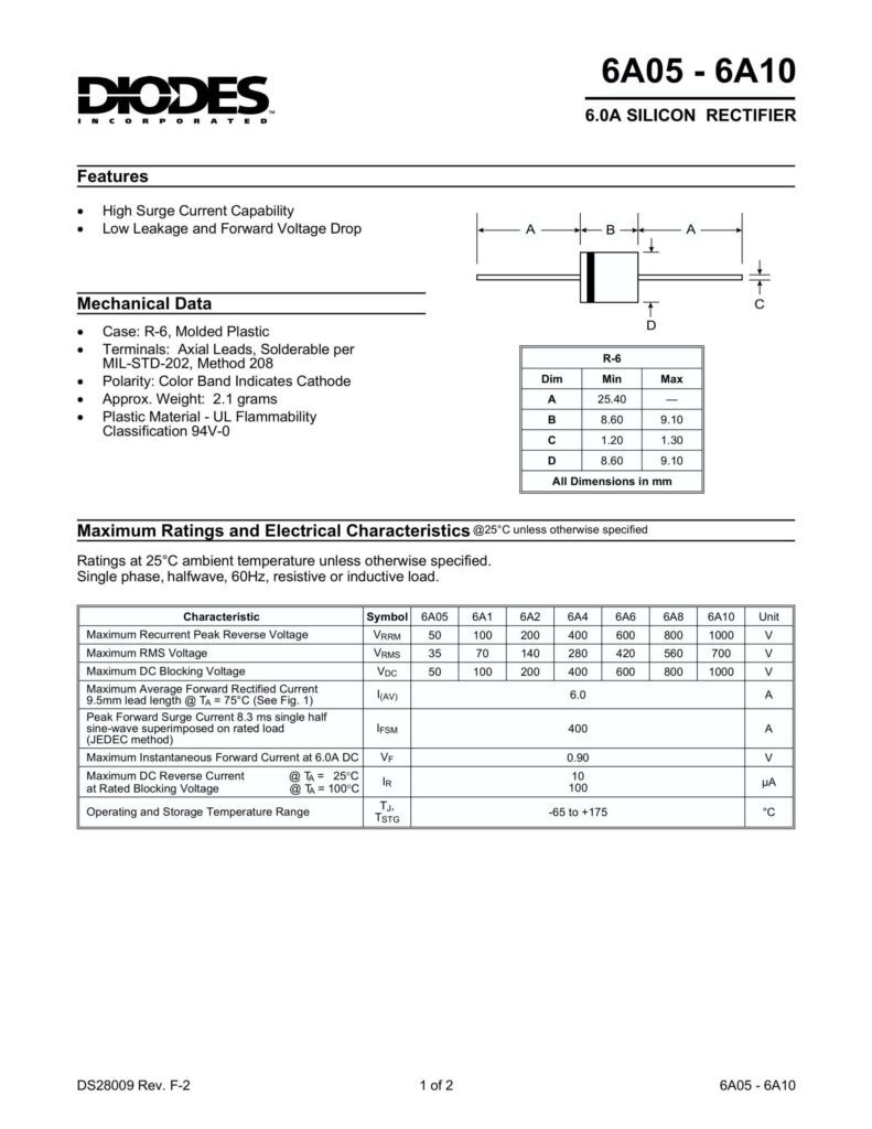 1N6A10 1000V 6A RECTIFIER DIODE R-6
