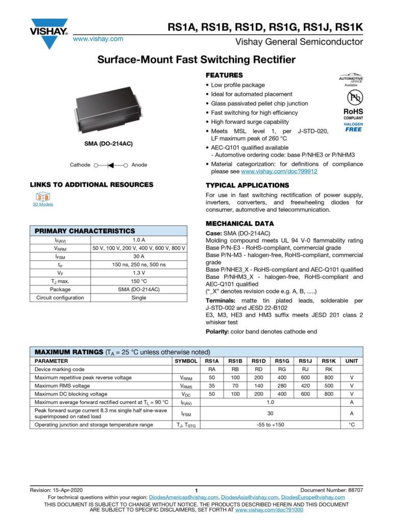 RS1J SMD FAST SWITCHING RECTIFIER DIODE DO-214AC
