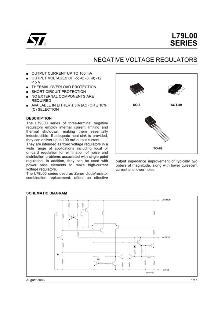 L79L08 100mA NEGATIVE VOLTAGE REGULATOR TO-92