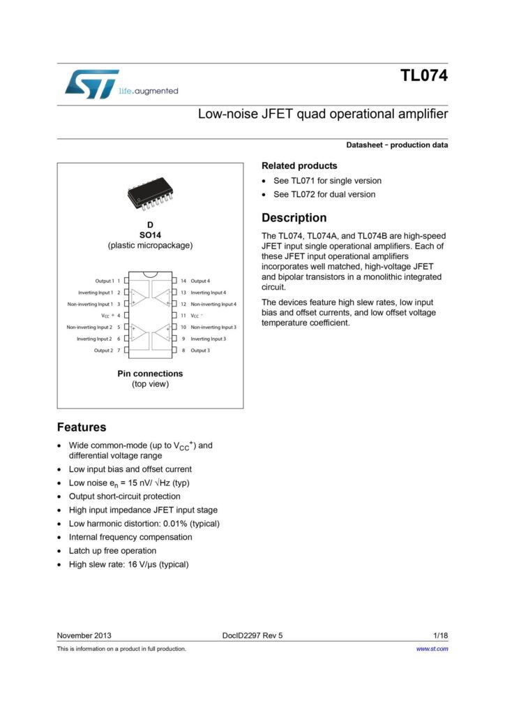 TL074C LOW NOISE JFET QUARD OPERATIONAL AMPLIFIER SOD-14