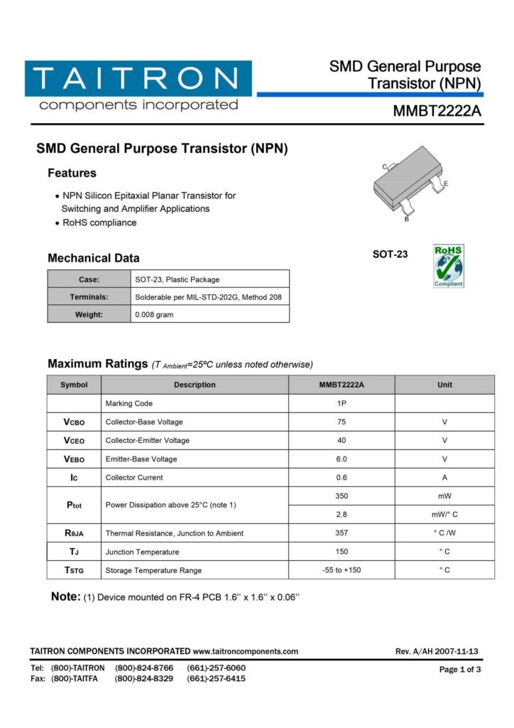 MMBT2222A 1P NPN SWITCHING TRANSISTOR SOT-23