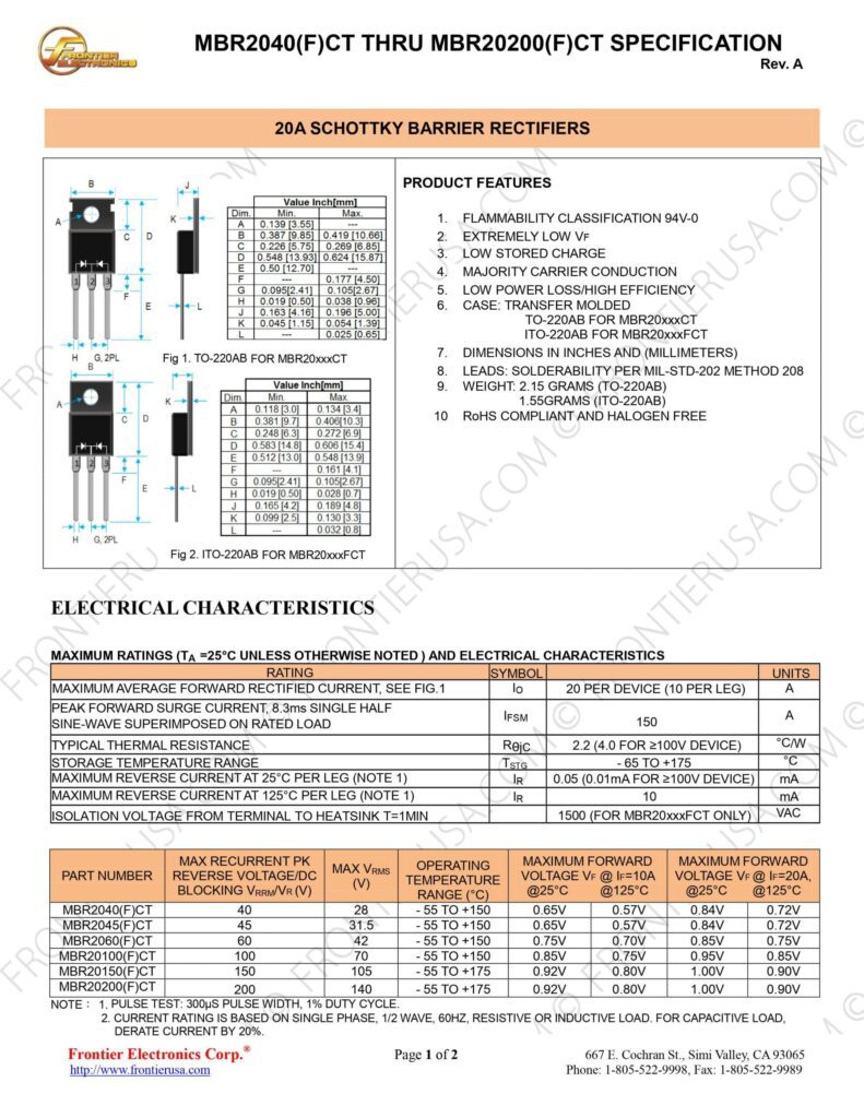 MBR 20100FCT 100V 20A SCHOTTKY DIODE TO-220