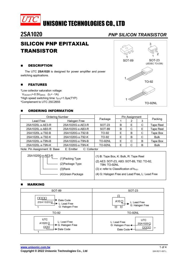 2SA1020 PNP TRANSISTOR TO-92