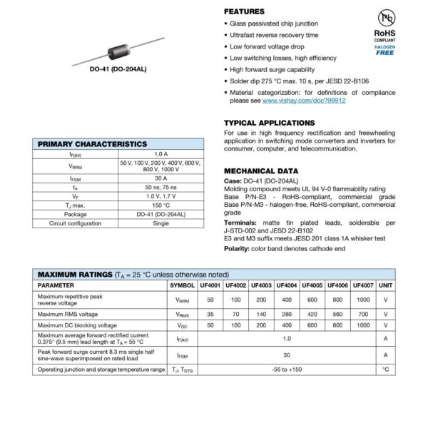 UF4007 1000V 1A ULTRAFAST DIODE DO-41