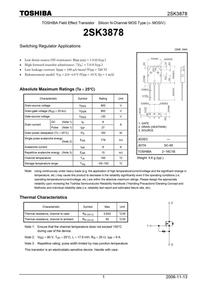 2SK3878 900V 9A N CHANNEL MOSFET TO-247(PULL OUT)