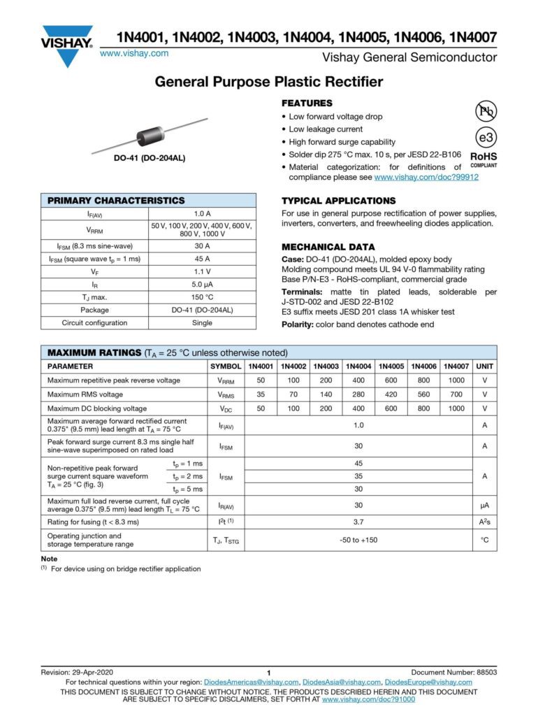 1N4007 1000V 1A GENERAL PURPOSE DIODE DO-41
