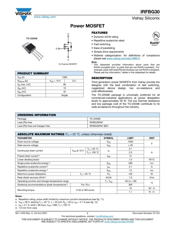 IRF BG30 1000V 3A N CHANNEL POWER MOSFET TO-220(PULL OUT) - Image 2