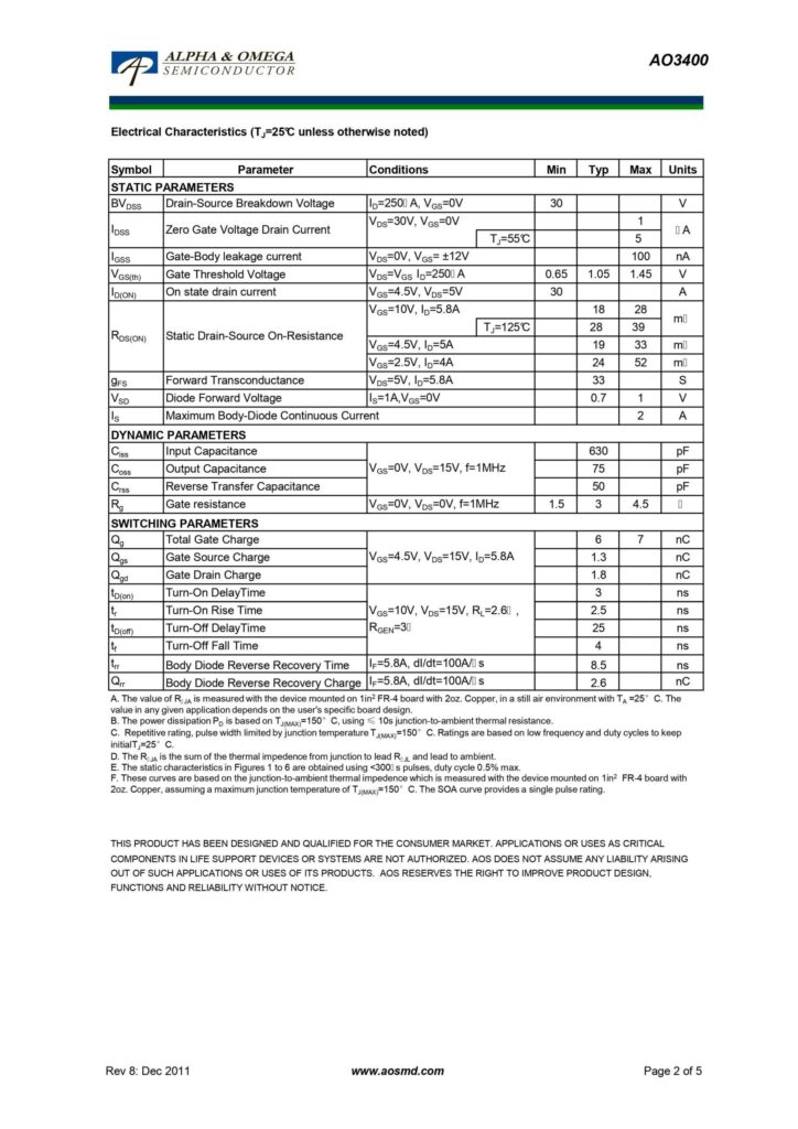 AO3400 34DG N CHANNEL MOSFET SOT-23