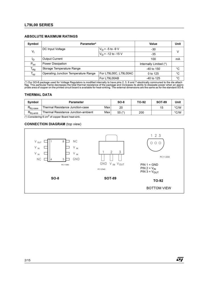 L79L08 100mA NEGATIVE VOLTAGE REGULATOR TO-92