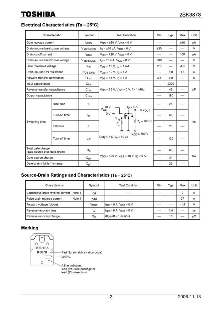2SK3878 900V 9A N CHANNEL MOSFET TO-247(PULL OUT)
