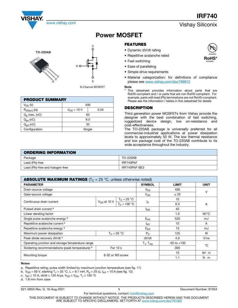 IRF 740 400V 10A N CHANNEL  MOSFET TO-220