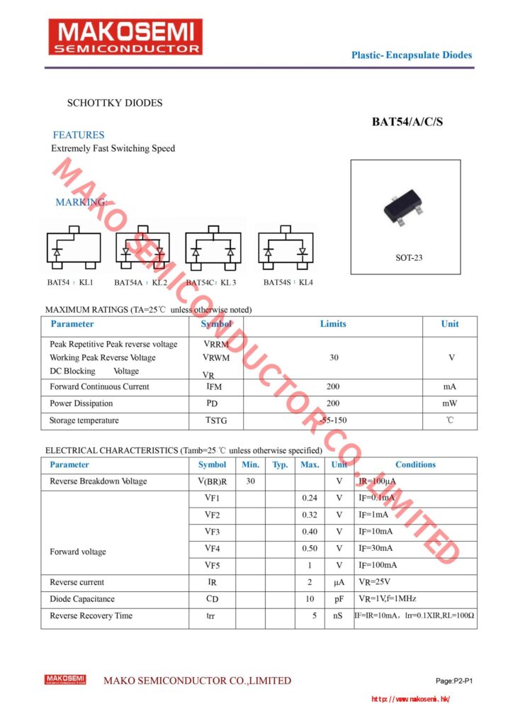 BAT54 30V 200mA KL1 SMD SCHOTTKY DIODE SOT-23