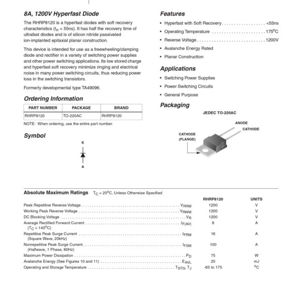 RHRP 8120 1200V 8A HYPER FAST DIODE TO-220