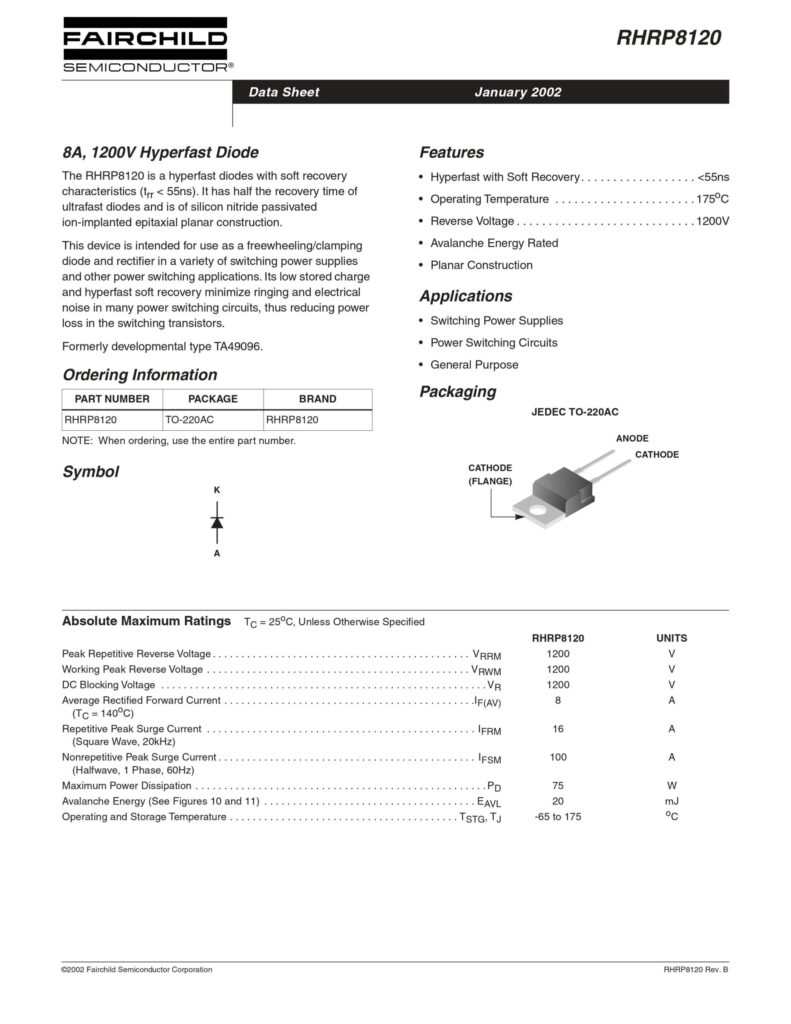 RHRP 8120 1200V 8A HYPER FAST DIODE TO-220