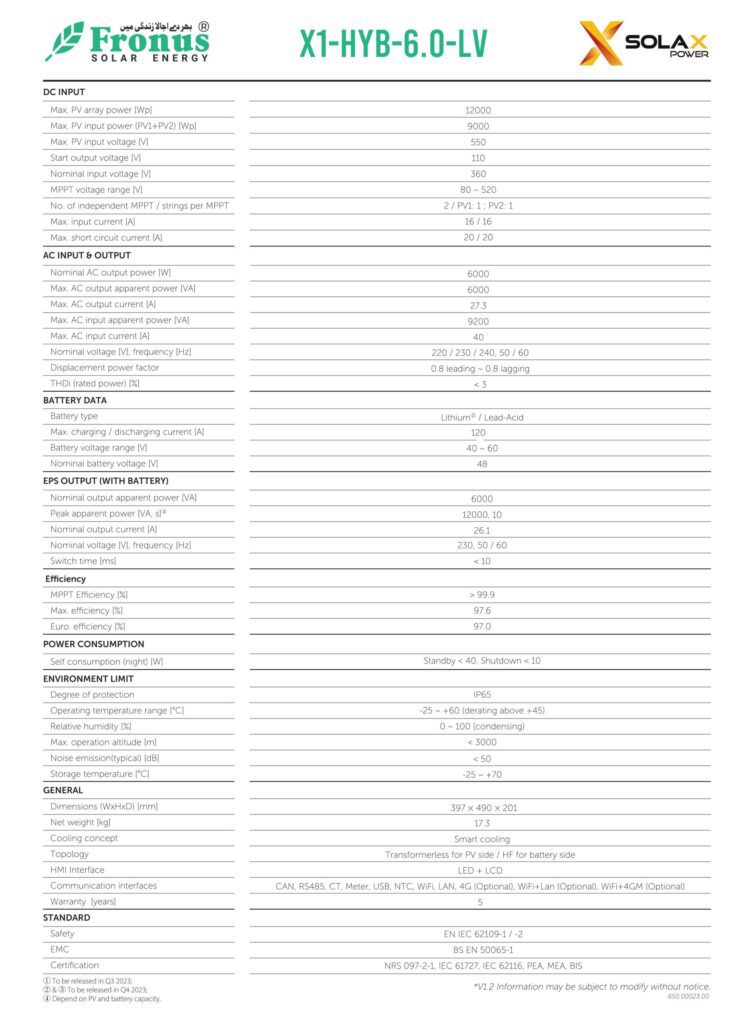 Solax Power 6kw 48V X1-HYB LV Hybrid Solar inverter (Single phase)