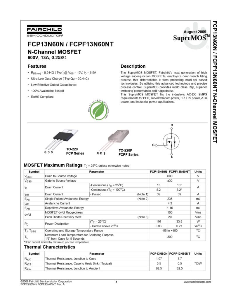 13N60 N-CHANNEL MOSFET TO-220F(PULL OUT) – Best And Reliable