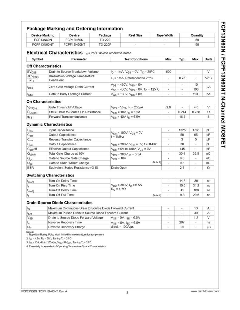 13N60 N-CHANNEL MOSFET TO-220F(PULL OUT) – Best And Reliable