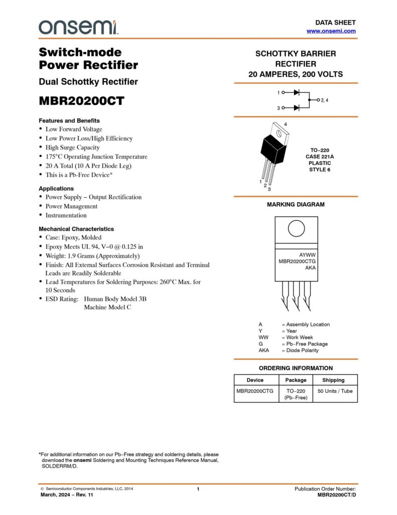 MBR 20200CT 200V 20A SCHOTTKY DIODE TO-220