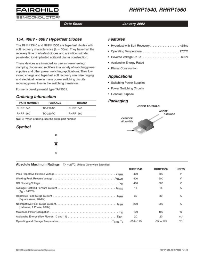 RHRP1560 600V 15A HYPER FAST DIODE TO-220