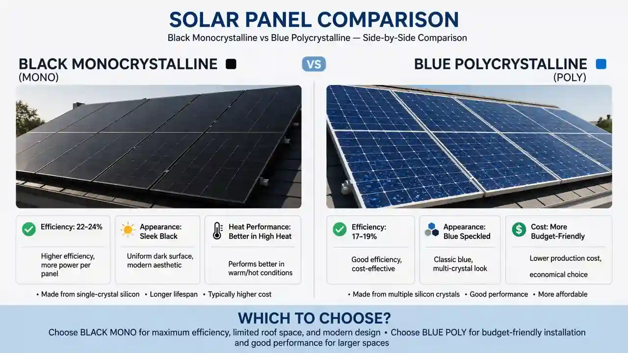 Black monocrystalline and blue polycrystalline solar panels side by side