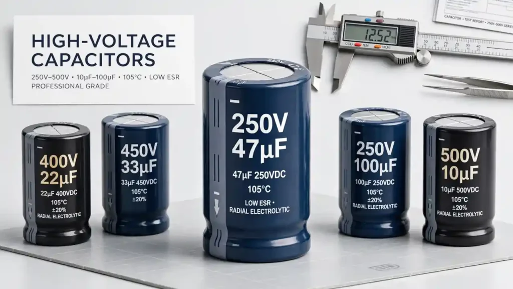 Technician selecting a 250V 47uF aluminum electrolytic capacitor for a solar inverter repair