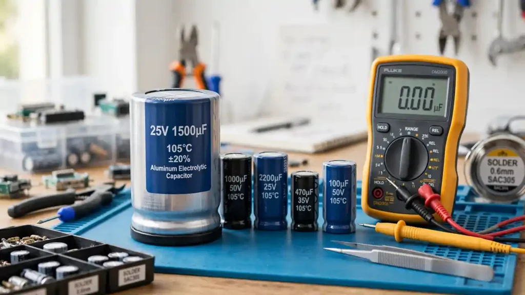 Technician testing a 25V 1500uF aluminum electrolytic capacitor on a power supply board