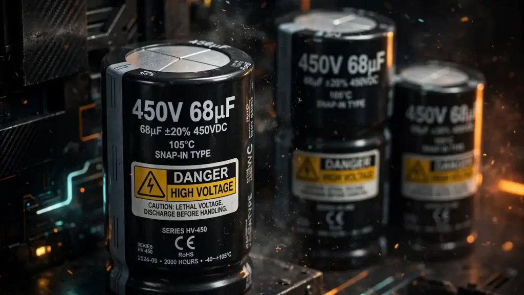 450V 68uF aluminum electrolytic capacitor used for DC bus filtering in solar inverters
