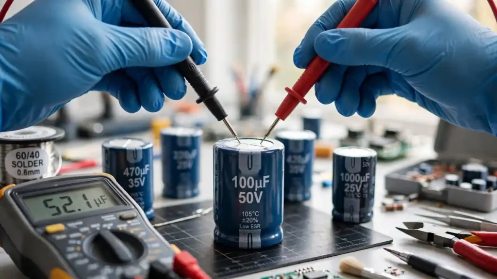 Close-up of a 50V 100uF aluminum electrolytic capacitor on a workbench