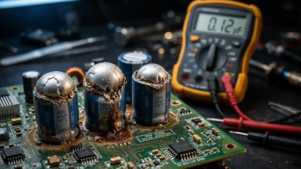 Failed capacitors on solar inverter circuit board