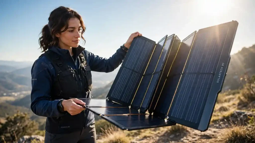 Flexible bendable solar cell curving in a researcher's hand under sunlight