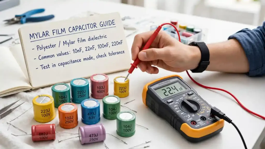 22nF 22000pF MYLAR polyester film capacitor with 223 marking for audio and timing circuits