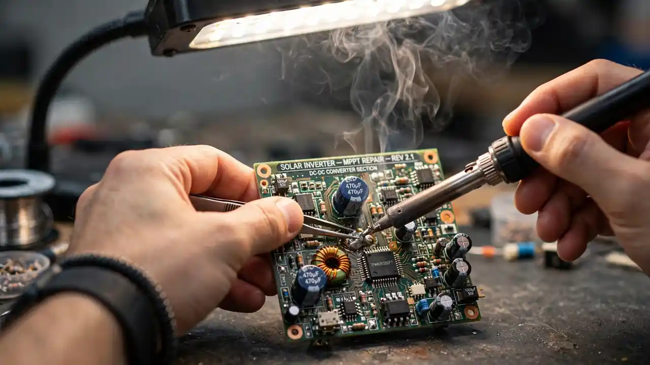 Repairing solar inverter circuit board with soldering iron