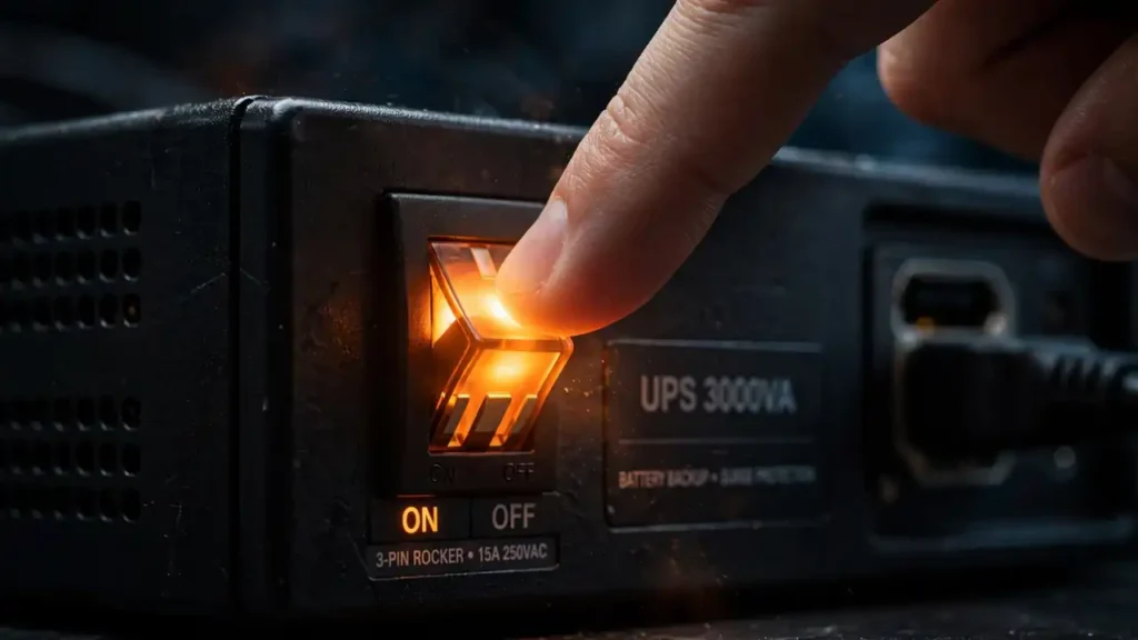 A black 3-pin rocker switch showing its three terminals for wiring