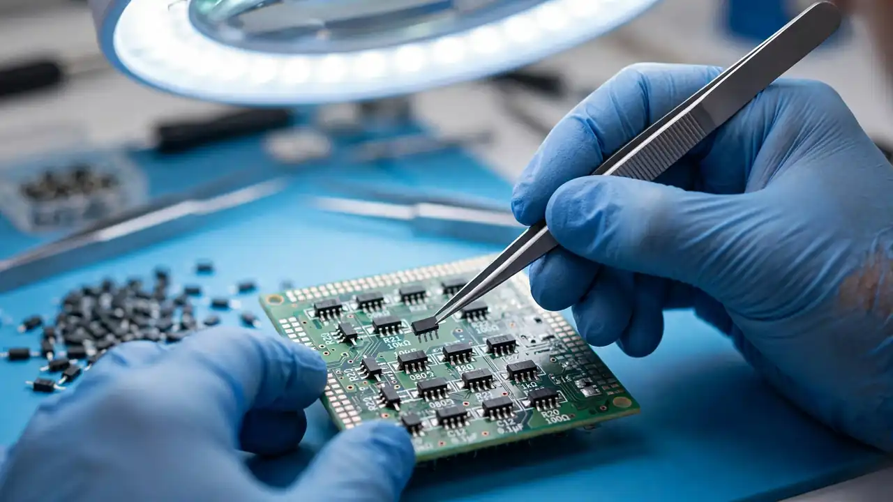 Close-up of 47 ohm 0805 SMD resistors with 470 marking on a PCB for professional electronics repair