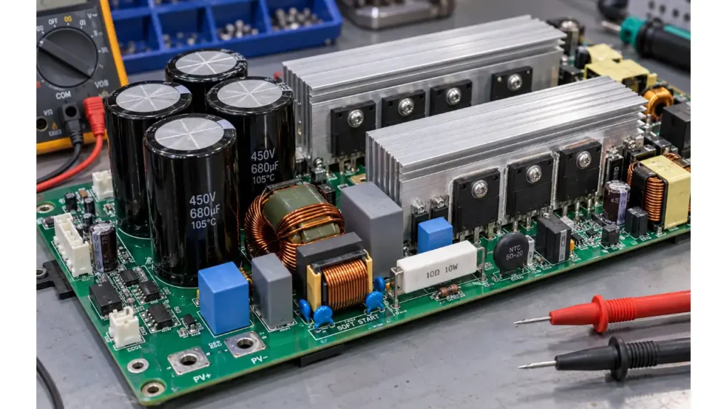 Solar Inverter Error Codes in Pakistan 2026 – Complete Troubleshooting Guide 5 Solar inverter DC bus capacitors and power stage inspected during repair