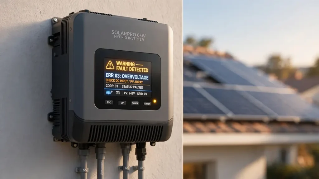 Solar inverter displaying error codes on LCD screen