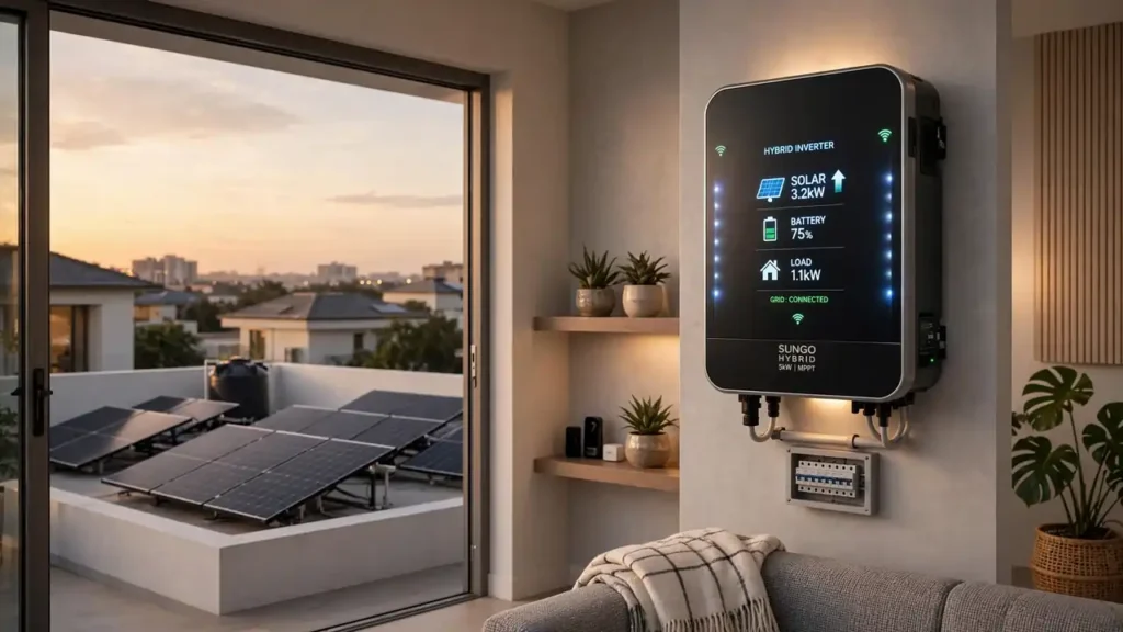 Modern hybrid solar inverter mounted on a home wall with connected wiring