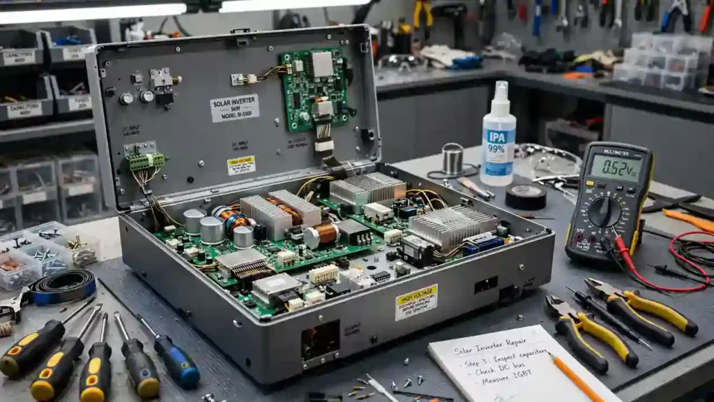 Solar inverter opened for repair on workbench