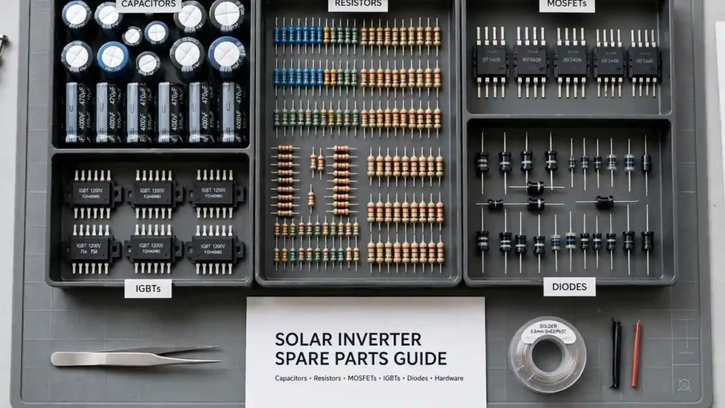 Solar inverter spare parts organized on workbench