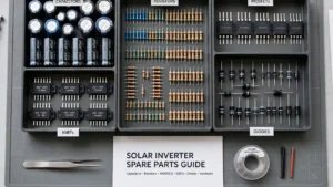 Solar inverter spare parts organized on workbench