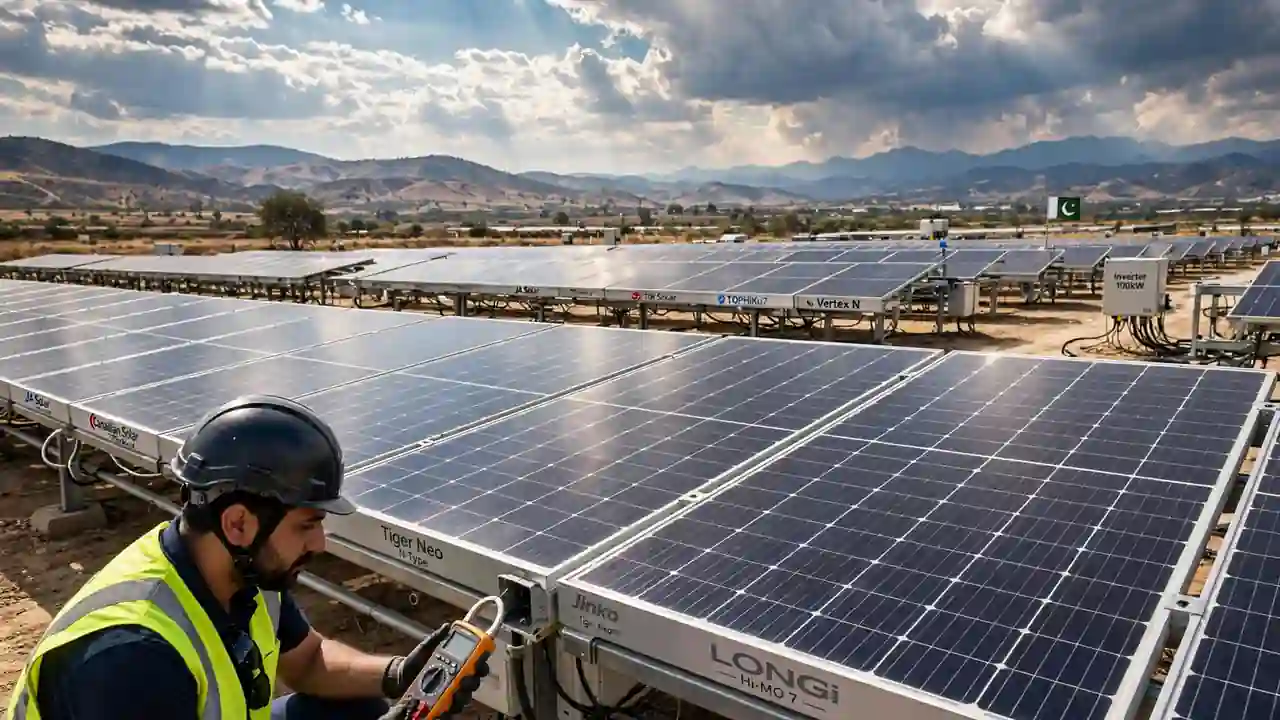 Rooftop solar panel installation in Pakistan under bright sunlight