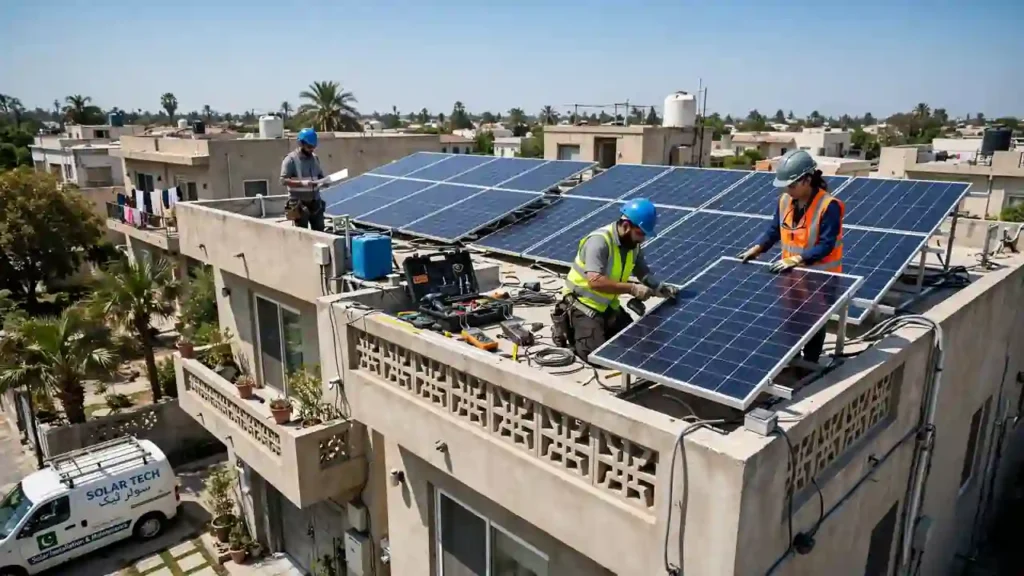 Solar panels being installed on a Pakistani home rooftop
