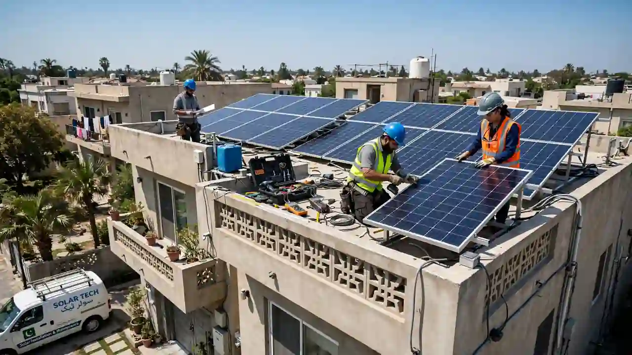 Solar panels being installed on a Pakistani home rooftop