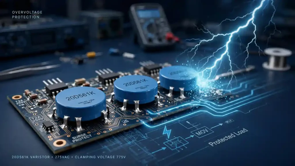 Close-up of a 20D561K metal oxide varistor on an electronic circuit board