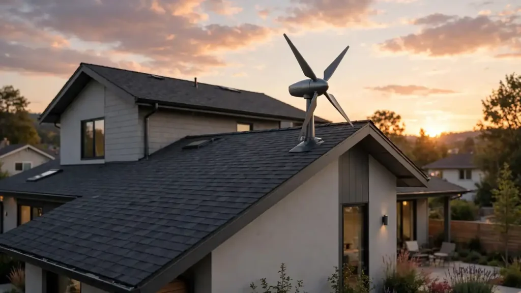 Small silent wind turbine installed on a residential rooftop